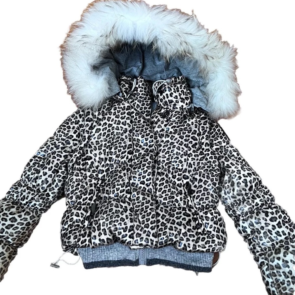 MonnaLisa Puffer Convertible Vest Jacket Girls Size 6 Leopard Fur Trim Hood - Picture 2 of 8